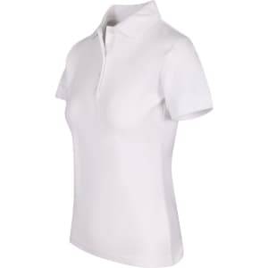 A white women's 100% cotton pique knit polo shirt with a classic collar and short sleeves, featuring a logo.