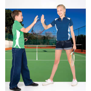 A green and blue polo shirt is worn by two children on a tennis court, with tennis racquets in hand.