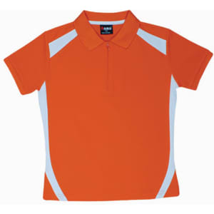 An orange polo shirt with white accents and a collar. It features a zippered neck and has a logo.