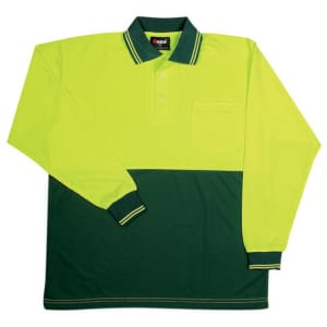 A long sleeve polo shirt in high visibility yellow and dark green, featuring a pocket and a logo.