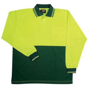 A long sleeve polo in hi-vis yellow and green, featuring a pocket and a collar with a logo.