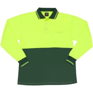 A high visibility long sleeve polo in fluorescent yellow and dark green, featuring a pocket and a logo.