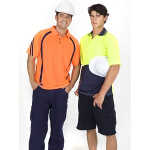 Hi Vis Polo shirts in orange and yellow, worn by two men, with one holding a white hard hat. Both shirts feature a logo.