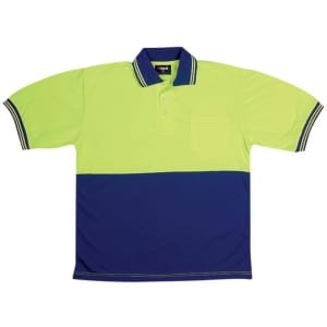 A high visibility polo shirt featuring a fluorescent yellow upper and navy blue lower section. It has a pocket and a logo.