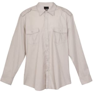 A beige men's military long sleeve shirt with button-up design and two front pockets. Features a logo on the tag.