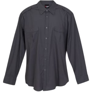 A black men's military long sleeve button-up shirt with two chest pockets and shoulder epaulets.