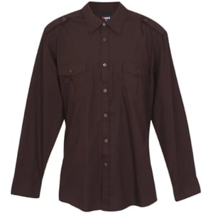 A dark brown men's military long sleeve button-up shirt with shoulder epaulettes and two front pockets.