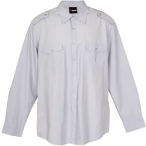 A light grey long sleeve military-style button-up shirt with two front pockets and a logo.