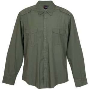 A men's military-style long sleeve shirt in olive green with button-up front and two chest pockets.