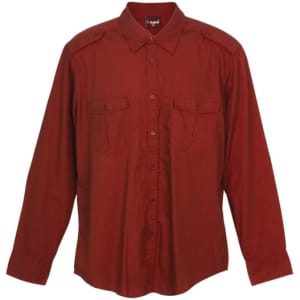 A men's long sleeve shirt in a rich burgundy colour with two front pockets and shoulder epaulets. Includes branding.