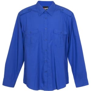 A blue long sleeve military-style button-up shirt with two front pockets and shoulder epaulets.