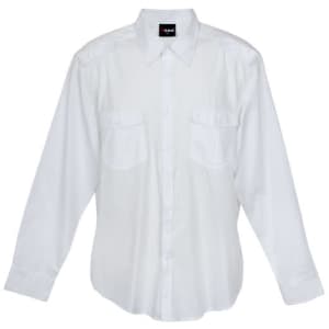 A white long sleeve button-up shirt with two chest pockets and shoulder detailing. Features a logo on the collar.