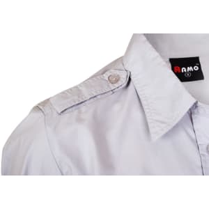 A light grey long sleeve button-up shirt with shoulder epaulets and a logo tag.