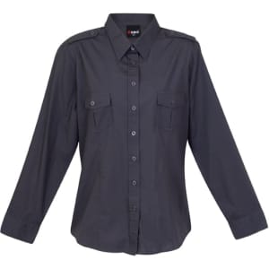 A women's military long sleeve shirt in black, featuring button-up front and two chest pockets. It has shoulder epaulets and a logo.