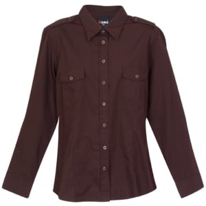 A brown women's military long sleeve shirt with button-up front and two chest pockets. It features shoulder epaulettes and has a logo.