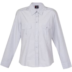 A light blue women's military long sleeve shirt with button-up front and two chest pockets, featuring branding.