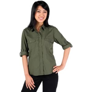 A women's military long sleeve shirt in olive green, featuring button-up front and rolled sleeves, with pockets.
