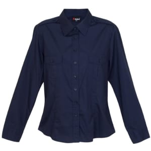 A navy long sleeve button-up shirt featuring two chest pockets and a logo on the collar.