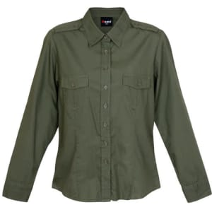 Women’s long sleeve button-up shirt in olive green with epaulets and double chest pockets. Features a small logo.