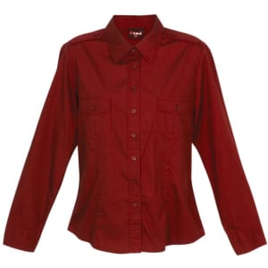 A women's military long sleeve shirt in burgundy, featuring button-up front and chest pockets. It has a logo.