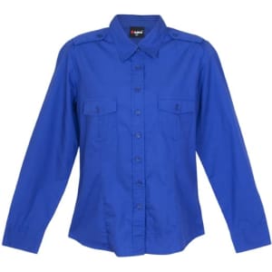 A women's long sleeve button-up shirt in a vibrant blue colour, featuring two chest pockets and shoulder epaulettes.