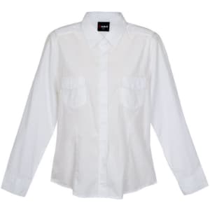 A white women's military long sleeve button-up shirt with two front pockets and a collar. It has a logo tag.