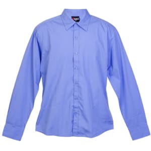 A men's long sleeve button-up shirt in light blue with a collar and a logo on the label.