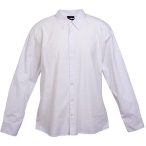 A white long sleeve button-up shirt with a collar. The shirt has a brand logo on the inside.