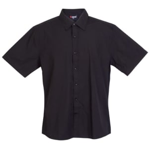 A black men's short sleeve button-up shirt with a collared neckline and a front button closure, featuring a logo.