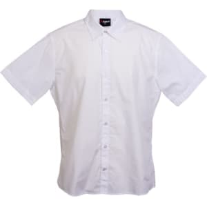 A short sleeve white button-up shirt with a collar and a logo on the label.