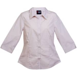 A women's 3/4 sleeve button-up shirt in pale pink, featuring a collar and logo on the tag.