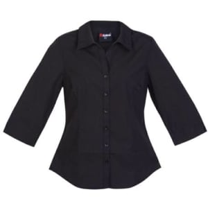 A black women's 3/4 sleeve button-up shirt featuring a classic collar and a logo on the inner label.