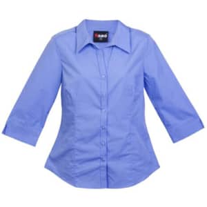 A light blue women's 3/4 sleeve button-up shirt with a collar and branding detail.