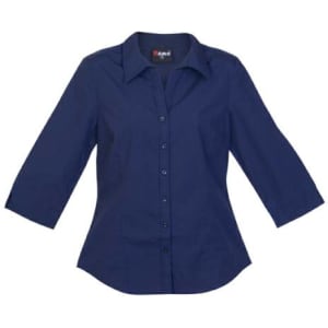 A navy blue women's 3/4 sleeve button-up shirt with a collar and a logo on the label.