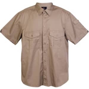 A khaki short sleeve shirt with button-up front and two chest pockets, featuring a logo on the sleeve.