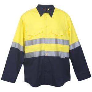 A long sleeve shirt in bright yellow and navy, featuring reflective stripes and two front pockets.