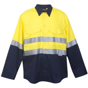 A long sleeve work shirt featuring high visibility yellow and navy blue colours with reflective strips and a logo.