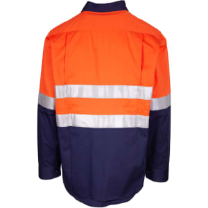 Long sleeve work shirt in orange and navy, featuring reflective stripes and a logo.