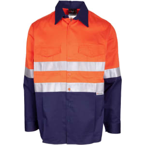An orange and navy long sleeve work shirt with reflective stripes and a logo on the chest.