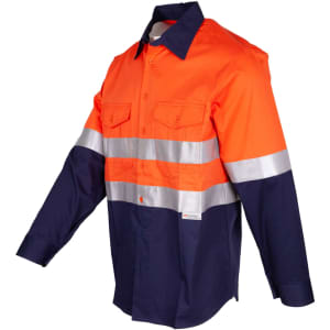 An orange and navy blue long sleeve work shirt with reflective stripes and a logo.
