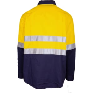 A long sleeve work shirt in yellow and navy, featuring reflective stripes and a logo on the chest area.