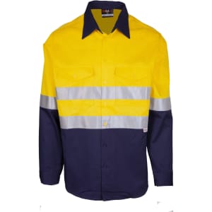 A bright yellow and navy long sleeve work shirt with reflective strips and a logo. Suitable for workwear purposes.