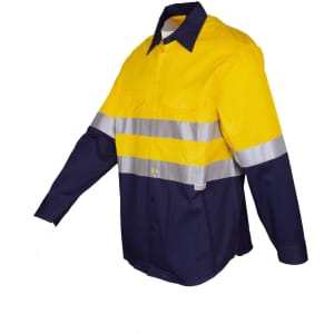 A long sleeve shirt in yellow and navy with reflective stripes and a logo on the chest pocket.