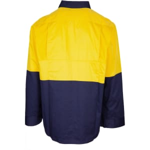 A long sleeve work shirt in yellow and navy blue, featuring a two-tone design and a collar. It has a logo on the side.