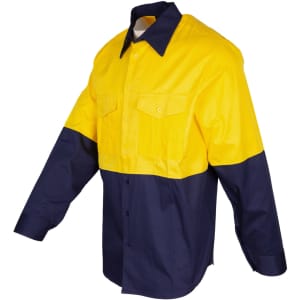 A long sleeve shirt featuring a yellow top and navy bottom section, with two front pockets and a logo.