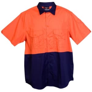 A short sleeve work shirt in high visibility orange and navy blue, featuring two chest pockets and a logo.