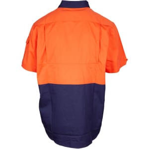 An orange and navy short sleeve work shirt with a logo, featuring a contrasting two-toned design.