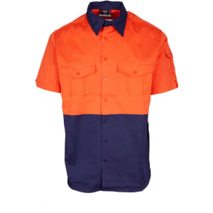 A short sleeve work shirt in bright orange and navy blue, featuring two front pockets and a logo on the label.