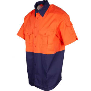 A short-sleeve work shirt featuring an orange top half and a navy blue bottom half, with a logo and front pockets.