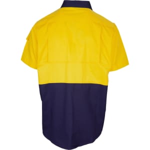 A short sleeve work shirt in yellow and navy blue, featuring a logo and two back pockets.